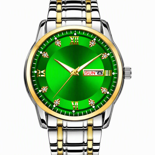 Men's Fashion Watch with Day Date Display Waterproof Luminous Hands and Alloy Steel Band