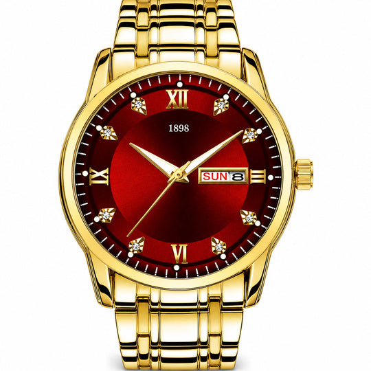 Men's Fashion Watch with Day Date Display Waterproof Luminous Hands and Alloy Steel Band