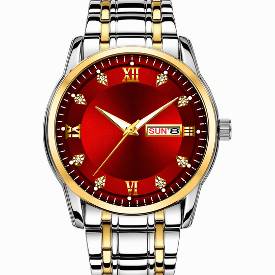 Men's Fashion Watch with Day Date Display Waterproof Luminous Hands and Alloy Steel Band