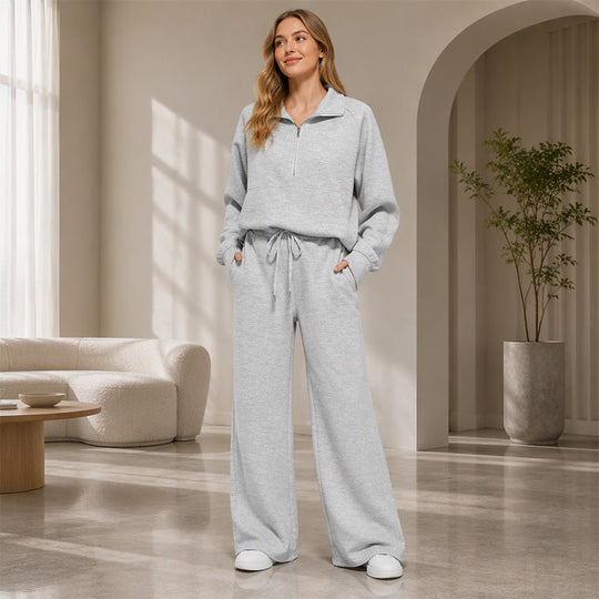 ☁️Relaxed & Cozy, Loungewear Comfort🧶 Women's Lounge Set – Half-Zip Top & Wide-Leg Pants, Soft & Easy ✨