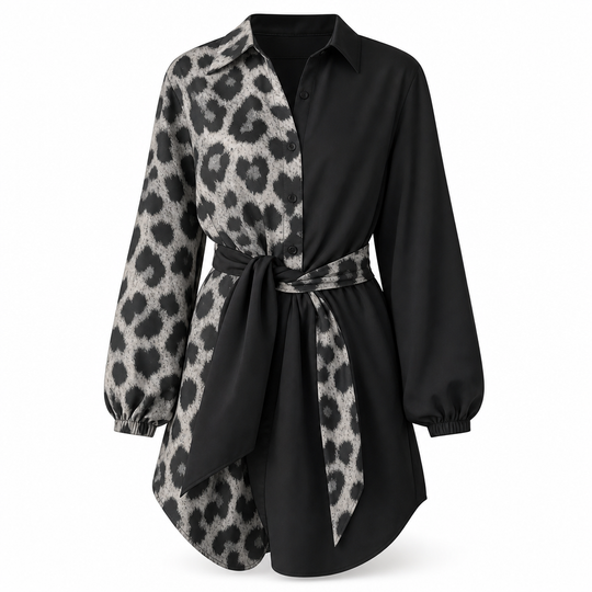 🖤Black Friday Sale:50% OFF🖤 🐆Women's Leopard Print Contrast Patchwork Long Sleeve Shirt Mini Dress with Belt