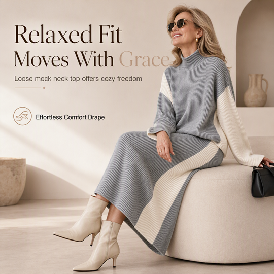 Women's Autumn Winter Color Block Knit 2-Piece Set Thickened Pullover Sweater and Skirt