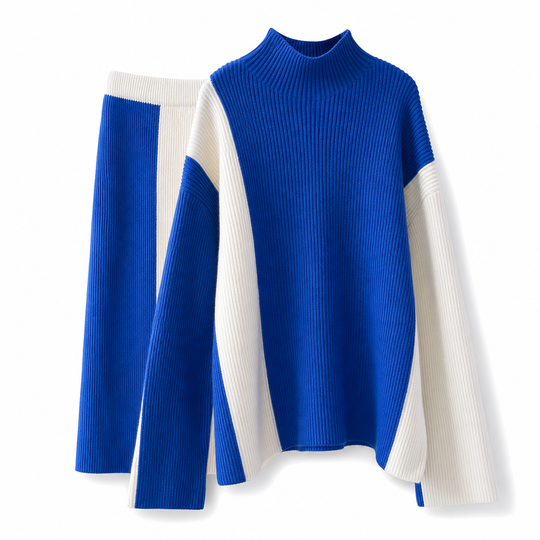 Women's Autumn Winter Color Block Knit 2-Piece Set Thickened Pullover Sweater and Skirt