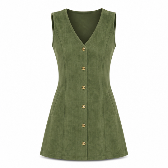 Classic Faux Suede V Neck Button Front Sleeveless Pinafore Dress
