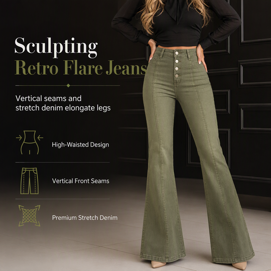 Women's Olive Green High-Waisted Multi-Button Flare Jeans with Vertical Front Seams