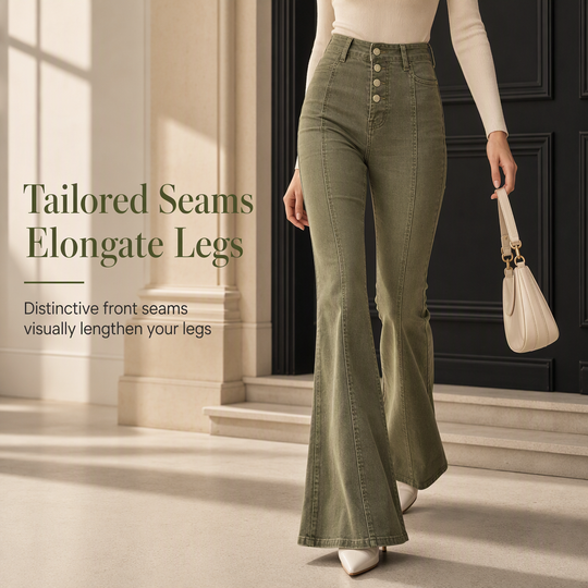 Women's Olive Green High-Waisted Multi-Button Flare Jeans with Vertical Front Seams