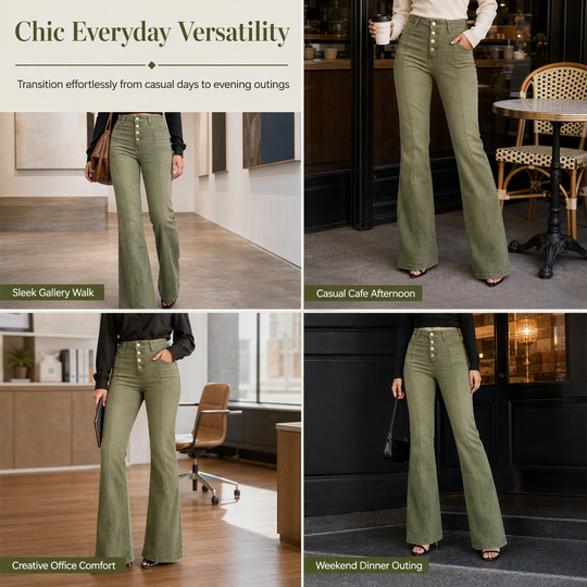 Women's Olive Green High-Waisted Multi-Button Flare Jeans with Vertical Front Seams