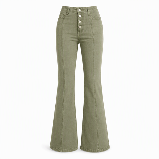 Women's Olive Green High-Waisted Multi-Button Flare Jeans with Vertical Front Seams