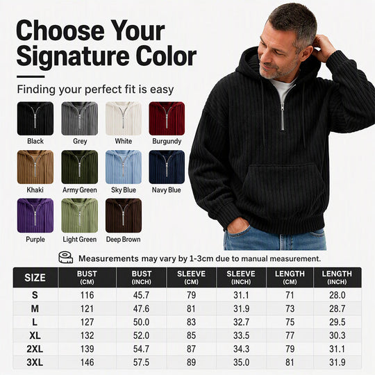 🍂50% OFF!!🎁Not Your Ordinary Hoodie👕 — A Stylish Half-Zip Corduroy Hooded Pullover with Rich Texture, Classic Casual Charm, and a Fresh Everyday Look