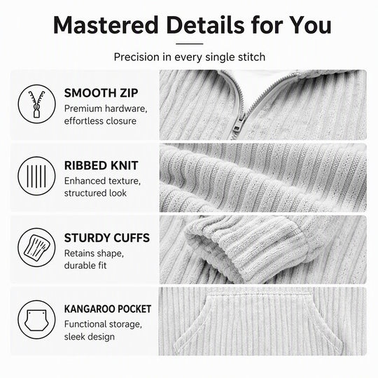 🍂50% OFF!!🎁Not Your Ordinary Hoodie👕 — A Stylish Half-Zip Corduroy Hooded Pullover with Rich Texture, Classic Casual Charm, and a Fresh Everyday Look