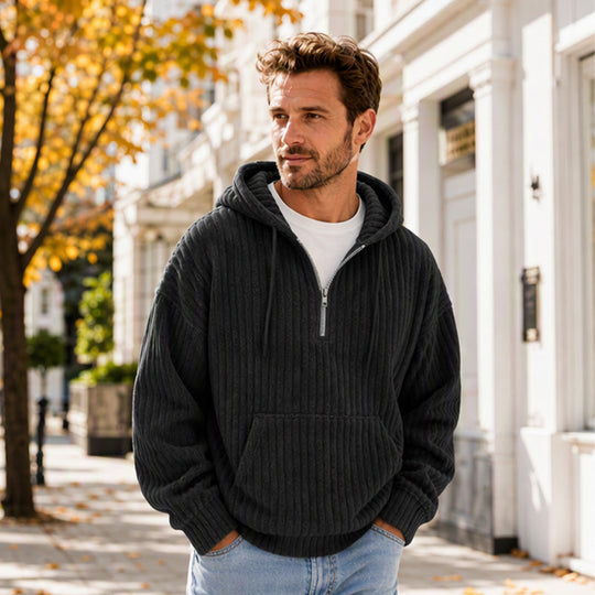 🍂50% OFF!!🎁Not Your Ordinary Hoodie👕 — A Stylish Half-Zip Corduroy Hooded Pullover with Rich Texture, Classic Casual Charm, and a Fresh Everyday Look