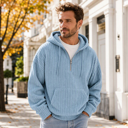 🍂50% OFF!!🎁Not Your Ordinary Hoodie👕 — A Stylish Half-Zip Corduroy Hooded Pullover with Rich Texture, Classic Casual Charm, and a Fresh Everyday Look