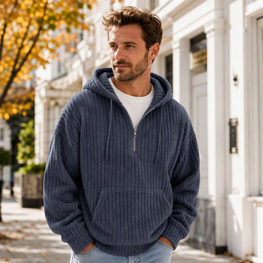 🍂50% OFF!!🎁Not Your Ordinary Hoodie👕 — A Stylish Half-Zip Corduroy Hooded Pullover with Rich Texture, Classic Casual Charm, and a Fresh Everyday Look