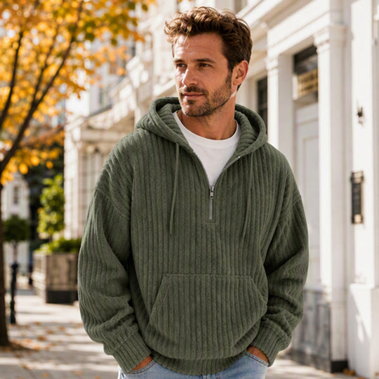 🍂50% OFF!!🎁Not Your Ordinary Hoodie👕 — A Stylish Half-Zip Corduroy Hooded Pullover with Rich Texture, Classic Casual Charm, and a Fresh Everyday Look