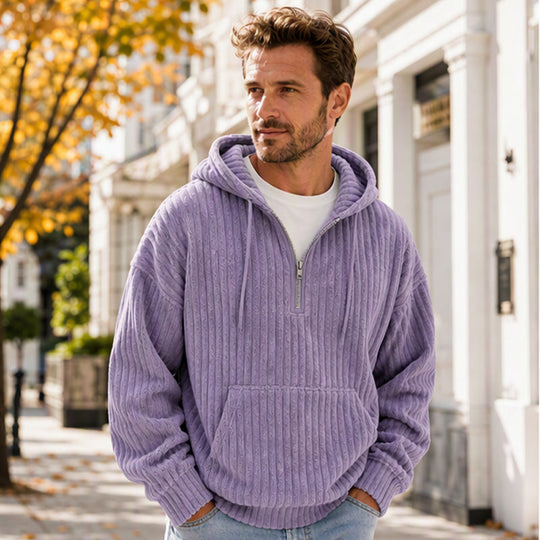🍂50% OFF!!🎁Not Your Ordinary Hoodie👕 — A Stylish Half-Zip Corduroy Hooded Pullover with Rich Texture, Classic Casual Charm, and a Fresh Everyday Look