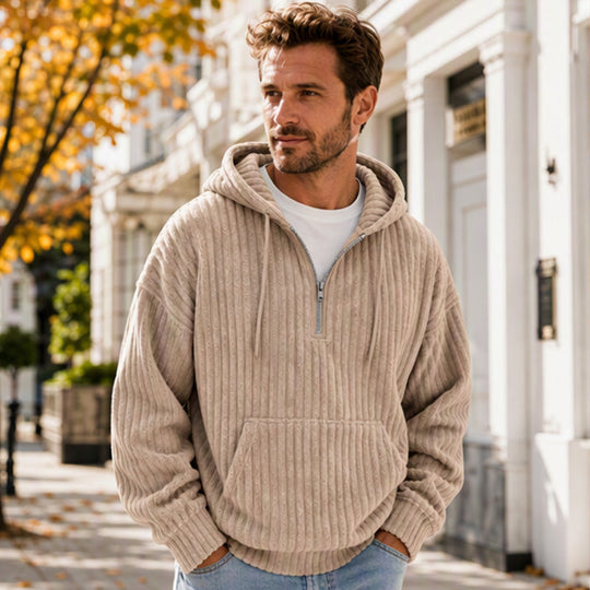 🍂50% OFF!!🎁Not Your Ordinary Hoodie👕 — A Stylish Half-Zip Corduroy Hooded Pullover with Rich Texture, Classic Casual Charm, and a Fresh Everyday Look