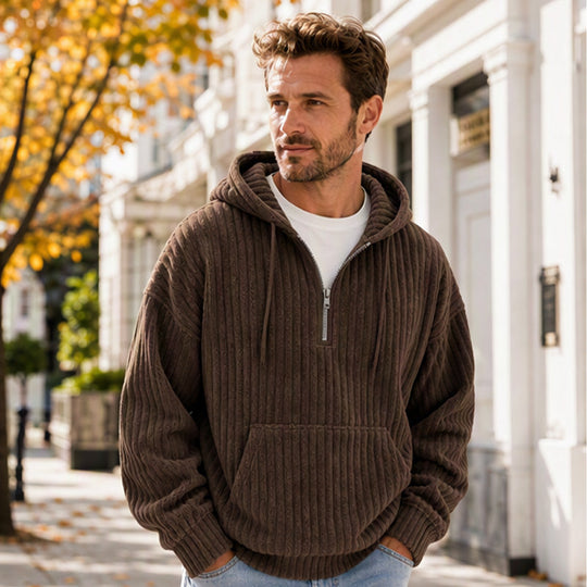 🍂50% OFF!!🎁Not Your Ordinary Hoodie👕 — A Stylish Half-Zip Corduroy Hooded Pullover with Rich Texture, Classic Casual Charm, and a Fresh Everyday Look