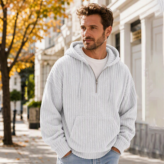 🍂50% OFF!!🎁Not Your Ordinary Hoodie👕 — A Stylish Half-Zip Corduroy Hooded Pullover with Rich Texture, Classic Casual Charm, and a Fresh Everyday Look