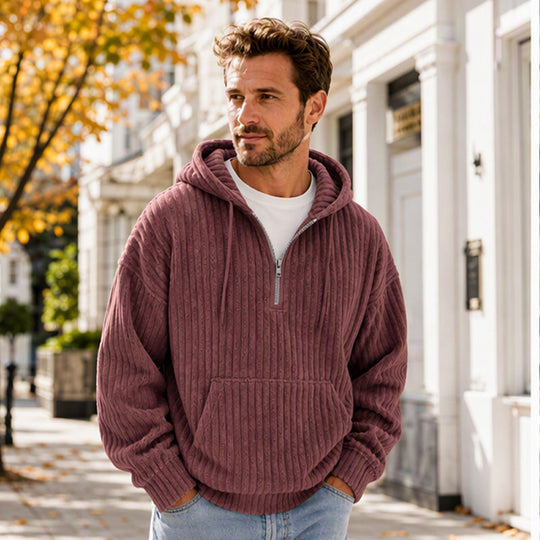 🍂50% OFF!!🎁Not Your Ordinary Hoodie👕 — A Stylish Half-Zip Corduroy Hooded Pullover with Rich Texture, Classic Casual Charm, and a Fresh Everyday Look