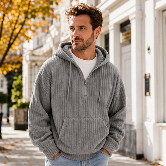 🍂50% OFF!!🎁Not Your Ordinary Hoodie👕 — A Stylish Half-Zip Corduroy Hooded Pullover with Rich Texture, Classic Casual Charm, and a Fresh Everyday Look