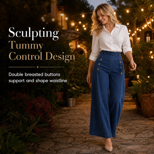 High Waisted Wide Leg Stretch Denim Jeans with Decorative Buttons