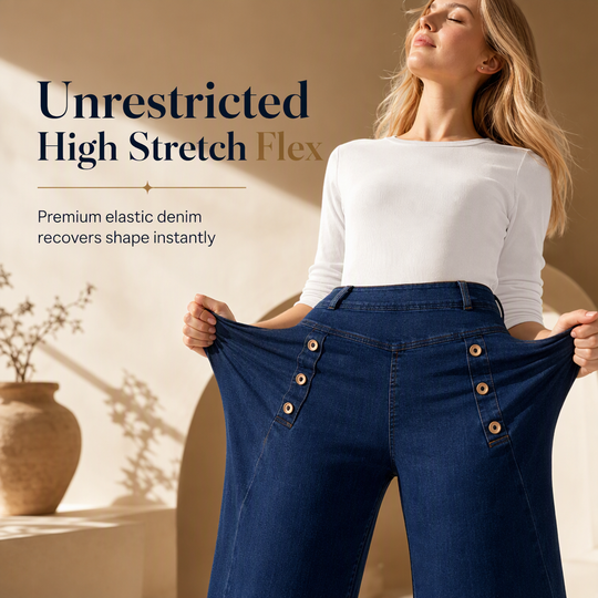 High Waisted Wide Leg Stretch Denim Jeans with Decorative Buttons