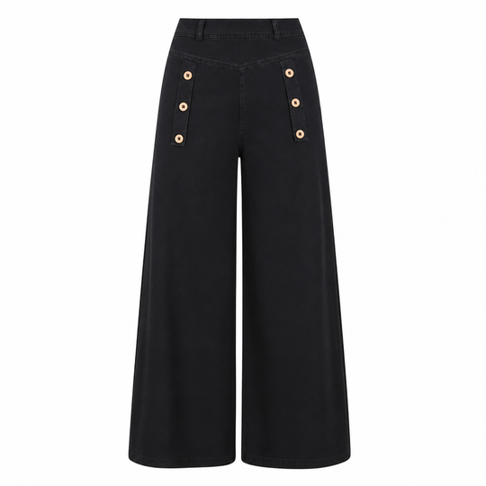High Waisted Wide Leg Stretch Denim Jeans with Decorative Buttons