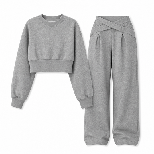 Casual Sporty Autumn Winter Long Sleeve T-Shirt and Loose Cross Waist Wide Leg Pants Two Piece Set
