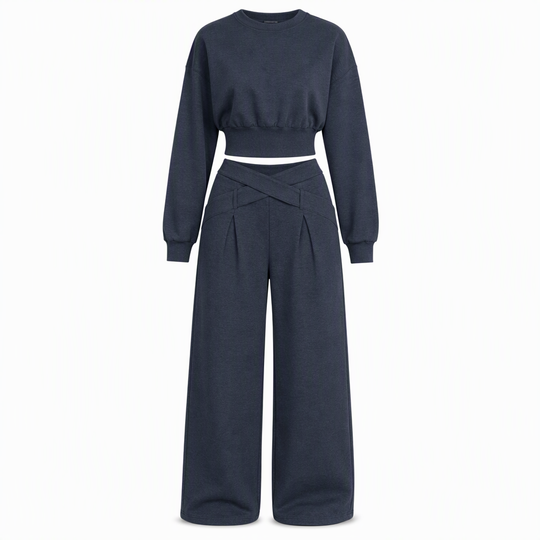 Casual Sporty Autumn Winter Long Sleeve T-Shirt and Loose Cross Waist Wide Leg Pants Two Piece Set