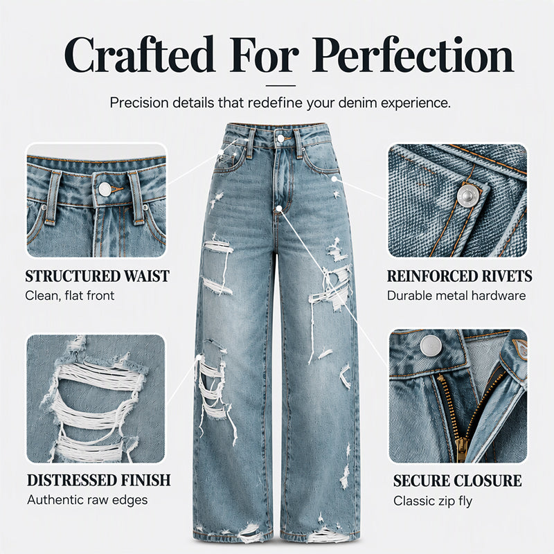 Women's Chic Distressed Denim Wide-Leg Pants