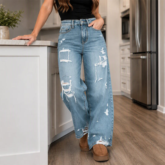 Women's Chic Distressed Denim Wide-Leg Pants