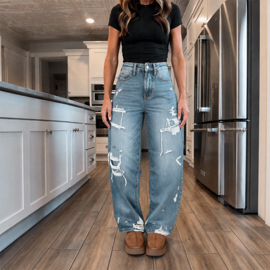 Women's Chic Distressed Denim Wide-Leg Pants