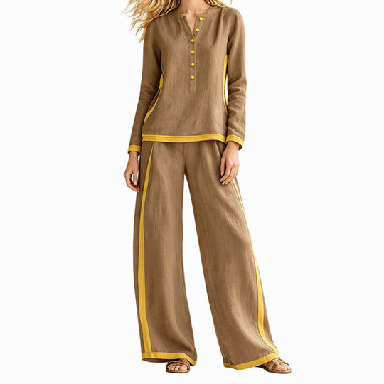 Women's Colorblock Long Sleeve Top & Wide-Leg Pants Set