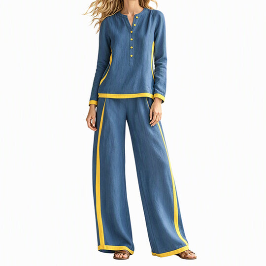 Women's Colorblock Long Sleeve Top & Wide-Leg Pants Set