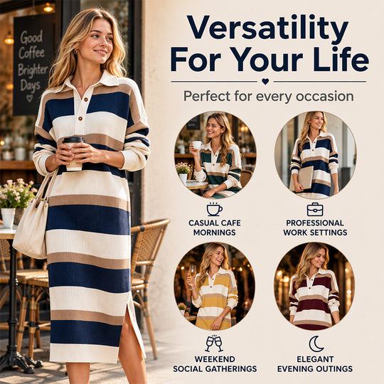 Women's Striped Collared Knit Sweater Dress