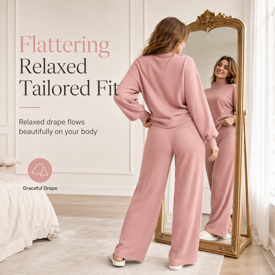 Women's Casual Two-Piece Knit Lounge Set with Mock Neck Long Sleeve Sweatshirt and High-Waisted Wide-Leg Pants