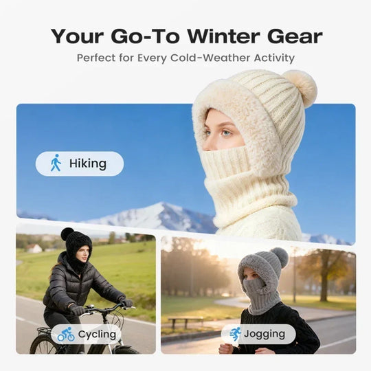 🎉This Week's Special Sales - ￡12.99✨Women 3-in-1 Knitted Balaclava Hat, Fleece Lined Warm Hood Beanie with Scarf & Face Mask, Pom Pom Winter Hat for Outdoor Skiing🧣