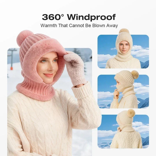 🎉This Week's Special Sales - ￡12.99✨Women 3-in-1 Knitted Balaclava Hat, Fleece Lined Warm Hood Beanie with Scarf & Face Mask, Pom Pom Winter Hat for Outdoor Skiing🧣