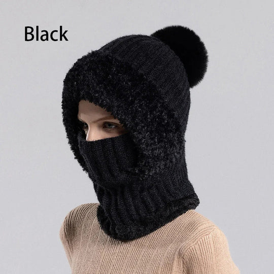 🎉This Week's Special Sales - ￡12.99✨Women 3-in-1 Knitted Balaclava Hat, Fleece Lined Warm Hood Beanie with Scarf & Face Mask, Pom Pom Winter Hat for Outdoor Skiing🧣