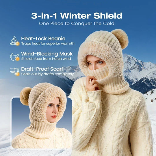 🎉This Week's Special Sales - ￡12.99✨Women 3-in-1 Knitted Balaclava Hat, Fleece Lined Warm Hood Beanie with Scarf & Face Mask, Pom Pom Winter Hat for Outdoor Skiing🧣