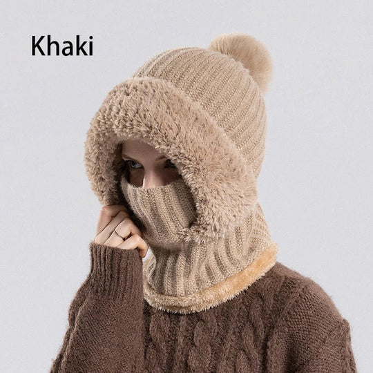 🎉This Week's Special Sales - ￡12.99✨Women 3-in-1 Knitted Balaclava Hat, Fleece Lined Warm Hood Beanie with Scarf & Face Mask, Pom Pom Winter Hat for Outdoor Skiing🧣
