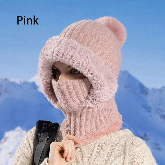 🎉This Week's Special Sales - ￡12.99✨Women 3-in-1 Knitted Balaclava Hat, Fleece Lined Warm Hood Beanie with Scarf & Face Mask, Pom Pom Winter Hat for Outdoor Skiing🧣