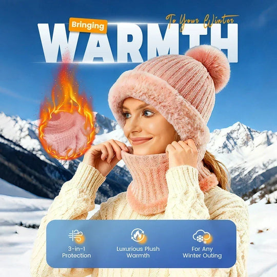 🎉This Week's Special Sales - ￡12.99✨Women 3-in-1 Knitted Balaclava Hat, Fleece Lined Warm Hood Beanie with Scarf & Face Mask, Pom Pom Winter Hat for Outdoor Skiing🧣