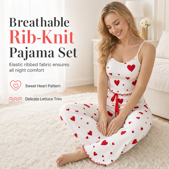 Womens 2 Piece Ribbed Pajama Set Heart Print Camisole Top and Long Pants Loungewear