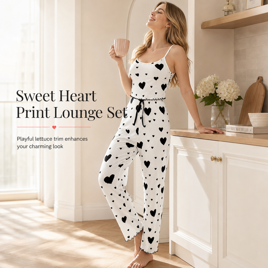 Womens 2 Piece Ribbed Pajama Set Heart Print Camisole Top and Long Pants Loungewear