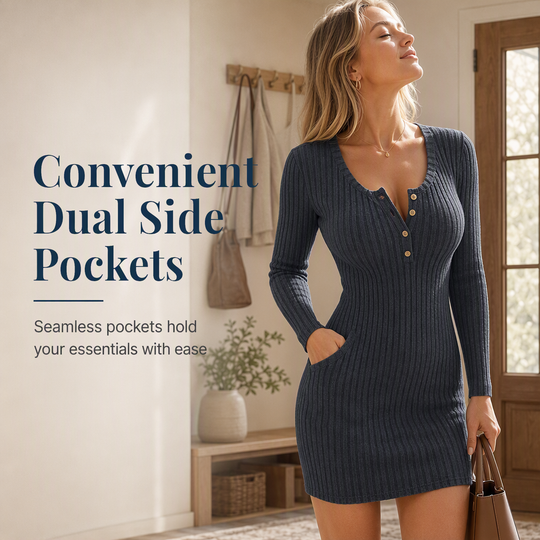 Womens Autumn Winter Solid Color Long Sleeve Slim Fit Bodycon Button Dress