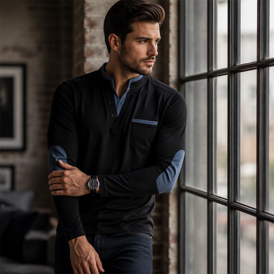 Men's Stand Collar Long Sleeve Shirt Spliced Casual Pullover Top