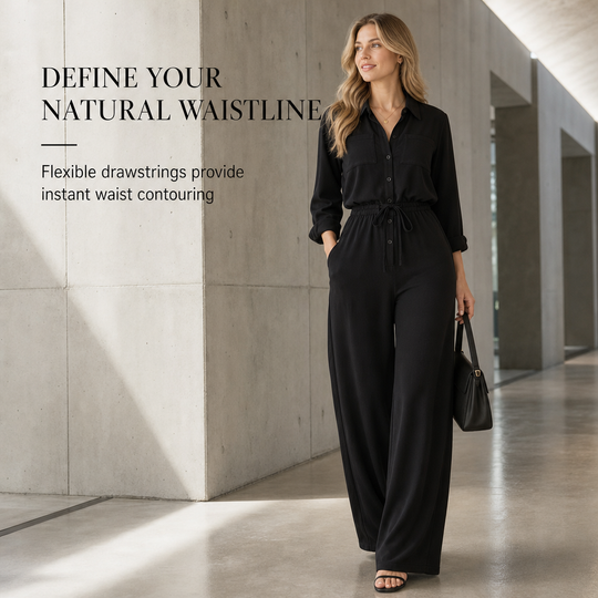 Women's Solid Color Lapel Collar Shirt Style Jumpsuit with Waist Tie for Casual Commuter Wear