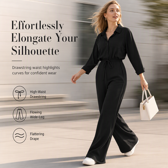 Women's Solid Color Lapel Collar Shirt Style Jumpsuit with Waist Tie for Casual Commuter Wear
