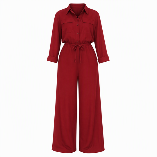 Women's Solid Color Lapel Collar Shirt Style Jumpsuit with Waist Tie for Casual Commuter Wear